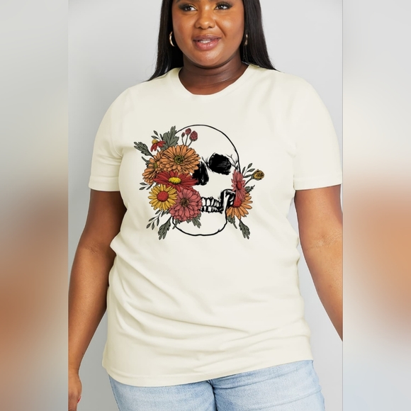 100% Cotton Bright Colorful Floral Skull Graphic Short-sleeve Tee Shirt Ivory - Picture 7 of 10